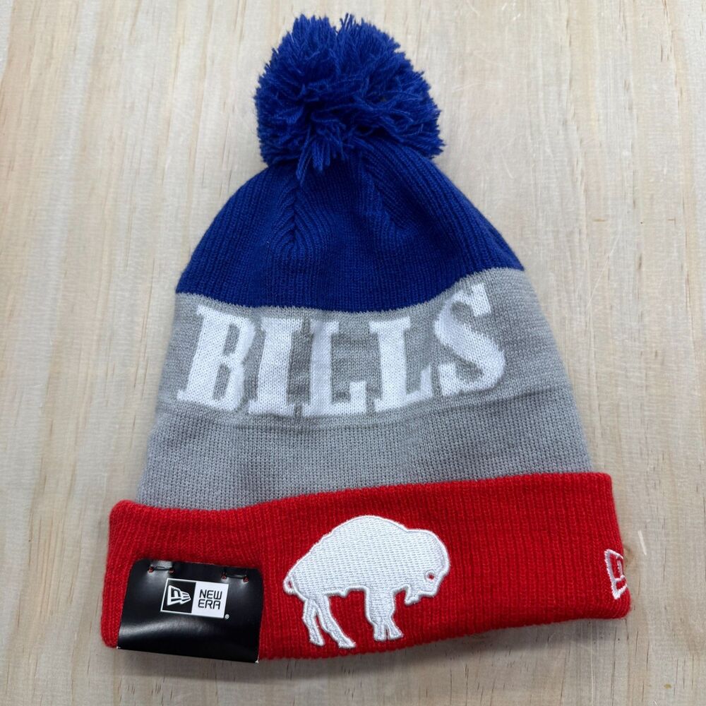 NEW Buffalo Bills New Era Throwback Main Cuffed Knit Hat Pom Gray Red Blue OSFM